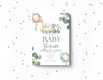 Personalised baby shower party invitations,  Jungle themed,  12 personalised invitations  includes envelopes