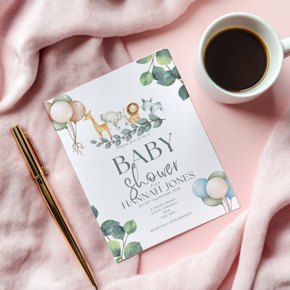 Personalised baby shower party invitations,  Jungle themed,  12 personalised invitations  includes envelopes
