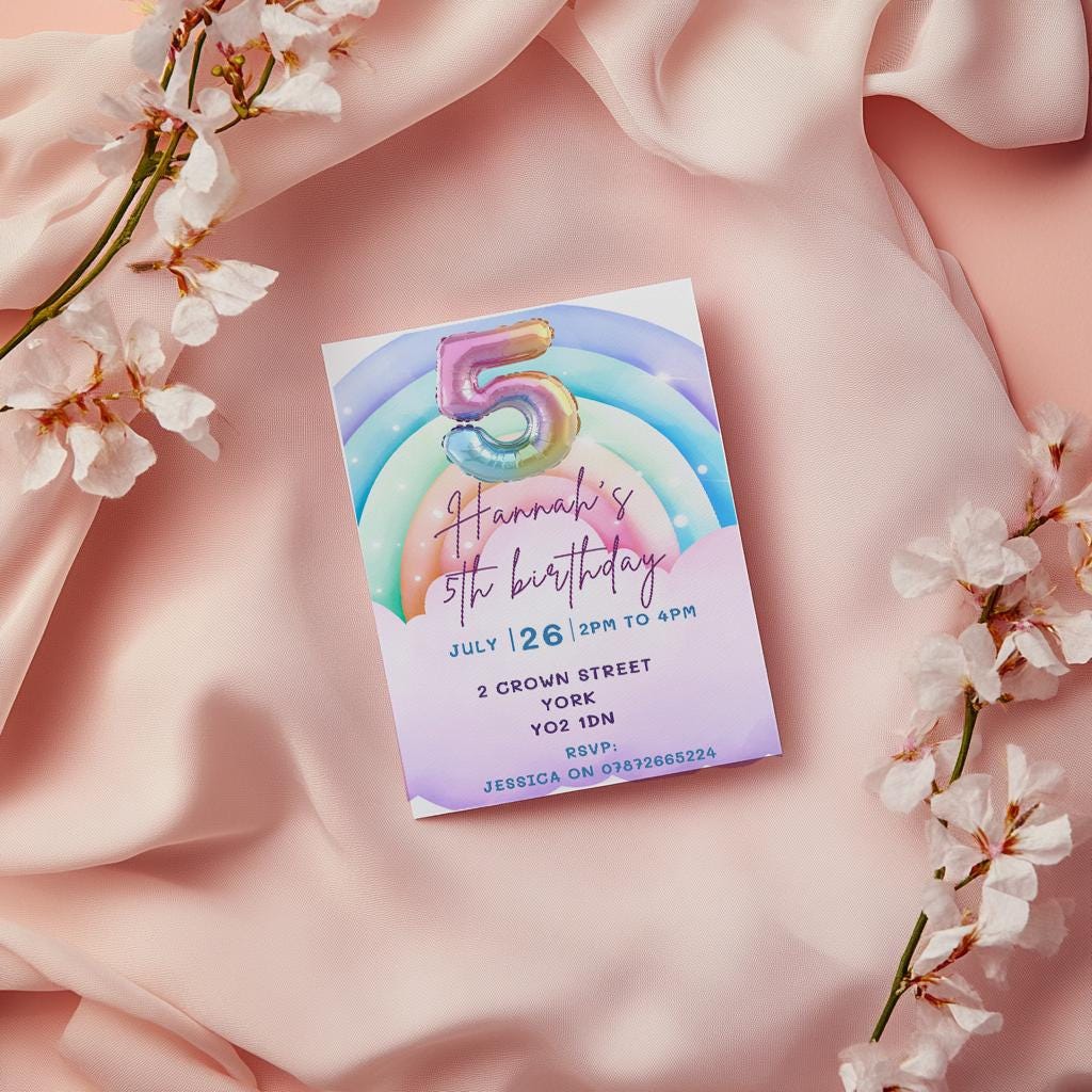 5th Birthday Invitation Girl | Pastel Balloon Party Invite |  Rainbow invite  | Rainbow invite | Cloud invite