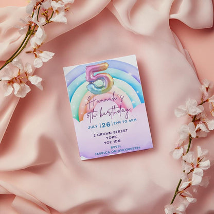 5th Birthday Invitation Girl | Pastel Balloon Party Invite |  Rainbow invite  | Rainbow invite | Cloud invite
