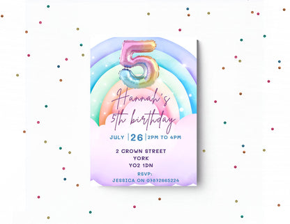 5th Birthday Invitation Girl | Pastel Balloon Party Invite |  Rainbow invite  | Rainbow invite | Cloud invite
