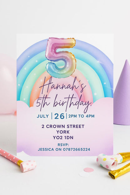 5th Birthday Invitation Girl | Pastel Balloon Party Invite |  Rainbow invite  | Rainbow invite | Cloud invite