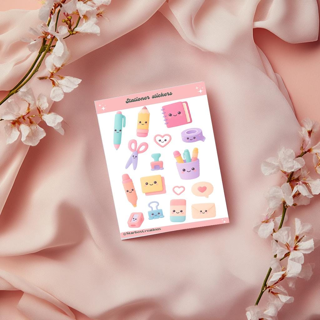 Kawaii Stationery Sticker Sheet, Cute Office Supplies Stickers,  laptop Stickers, Cute Sticker Sheets, Envelope Seals, planner Stickers,