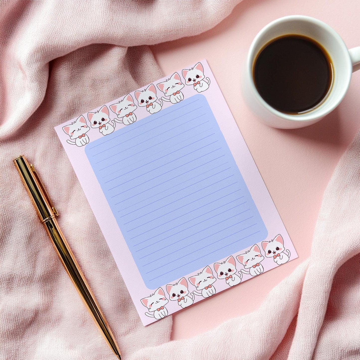 A6 Cute Cat Notepad, Kawaii White Kitten Memo Pad with Bow Tie, Pastel Stationery for Notes, Lists, Journaling & Gifting