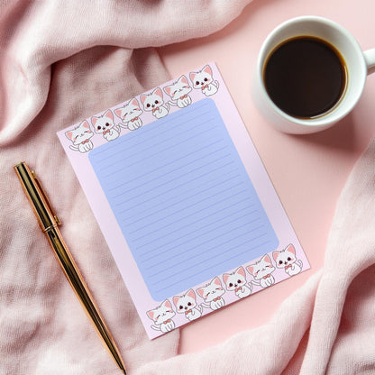A6 Cute Cat Notepad, Kawaii White Kitten Memo Pad with Bow Tie, Pastel Stationery for Notes, Lists, Journaling & Gifting