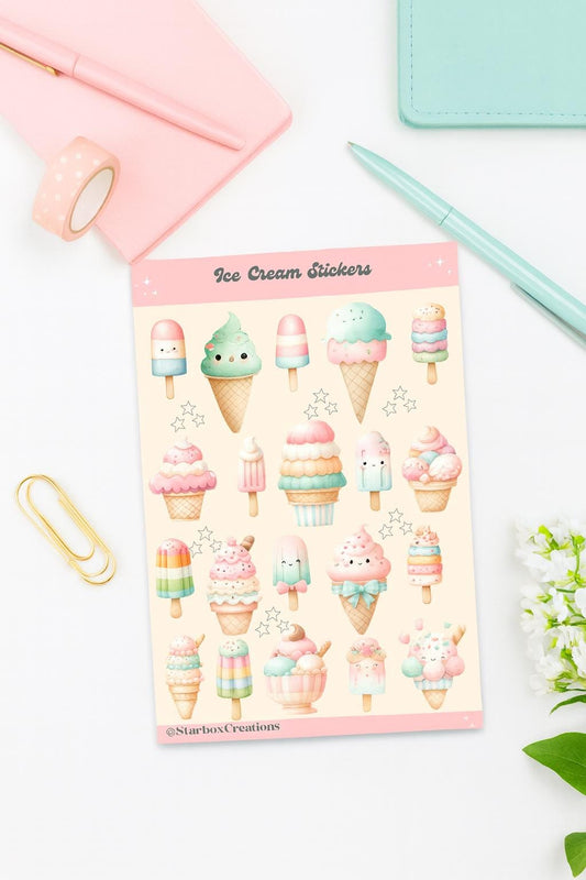Cute Ice Cream Planner Sticker Sheet for Journaling, Scrapbooking, Bullet Journal and Stationery Lovers, gloss paper