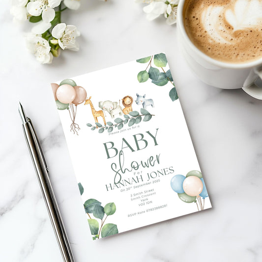 Personalised baby shower party invitations,  Jungle themed,  12 personalised invitations  includes envelopes