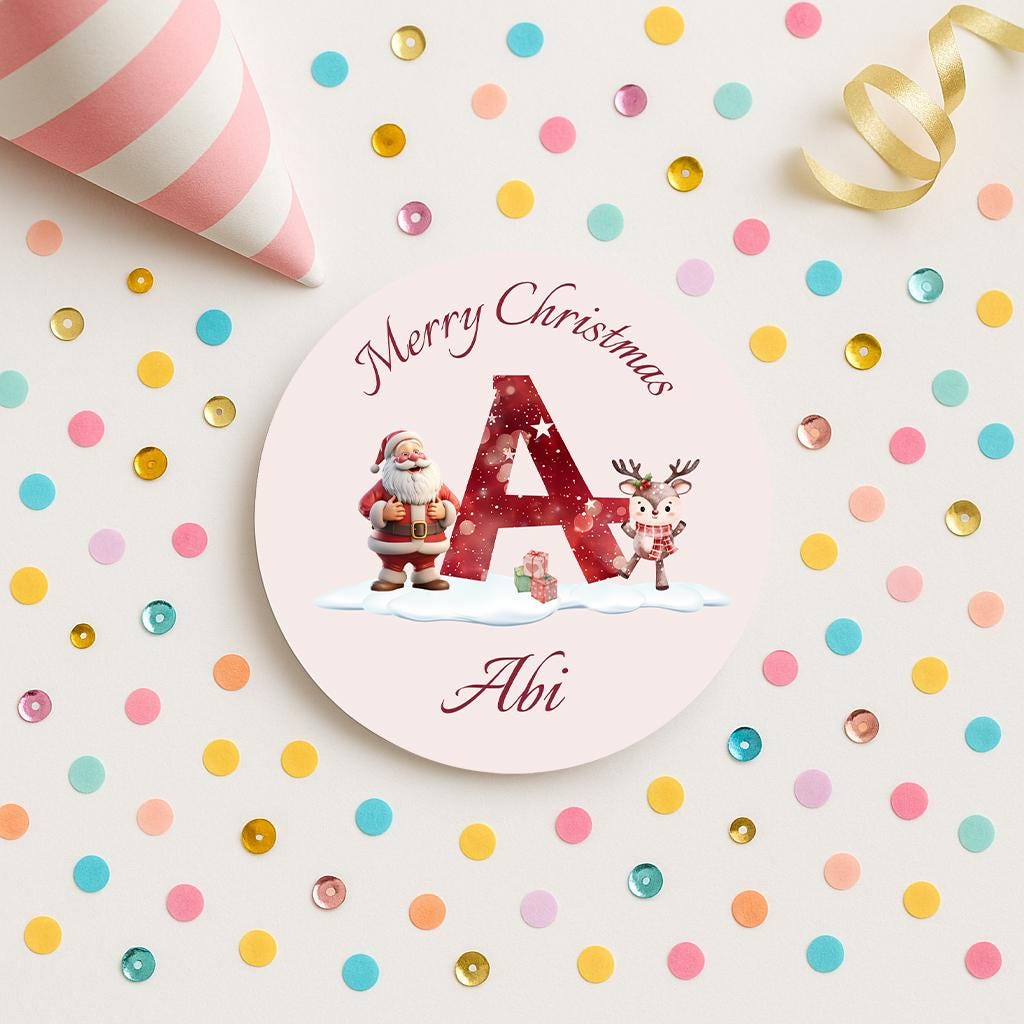 Personalised Christmas Alphabet Stickers, A–Z Name Santa Stickers,  Festive Holiday Name Labels for Kids, blush stickers