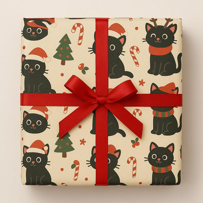 Black Cat Christmas Wrapping Paper, Cute Holiday Gift Wrap, Festive Cats & Candy Canes, Cream Background, Cartoon Xmas Paper