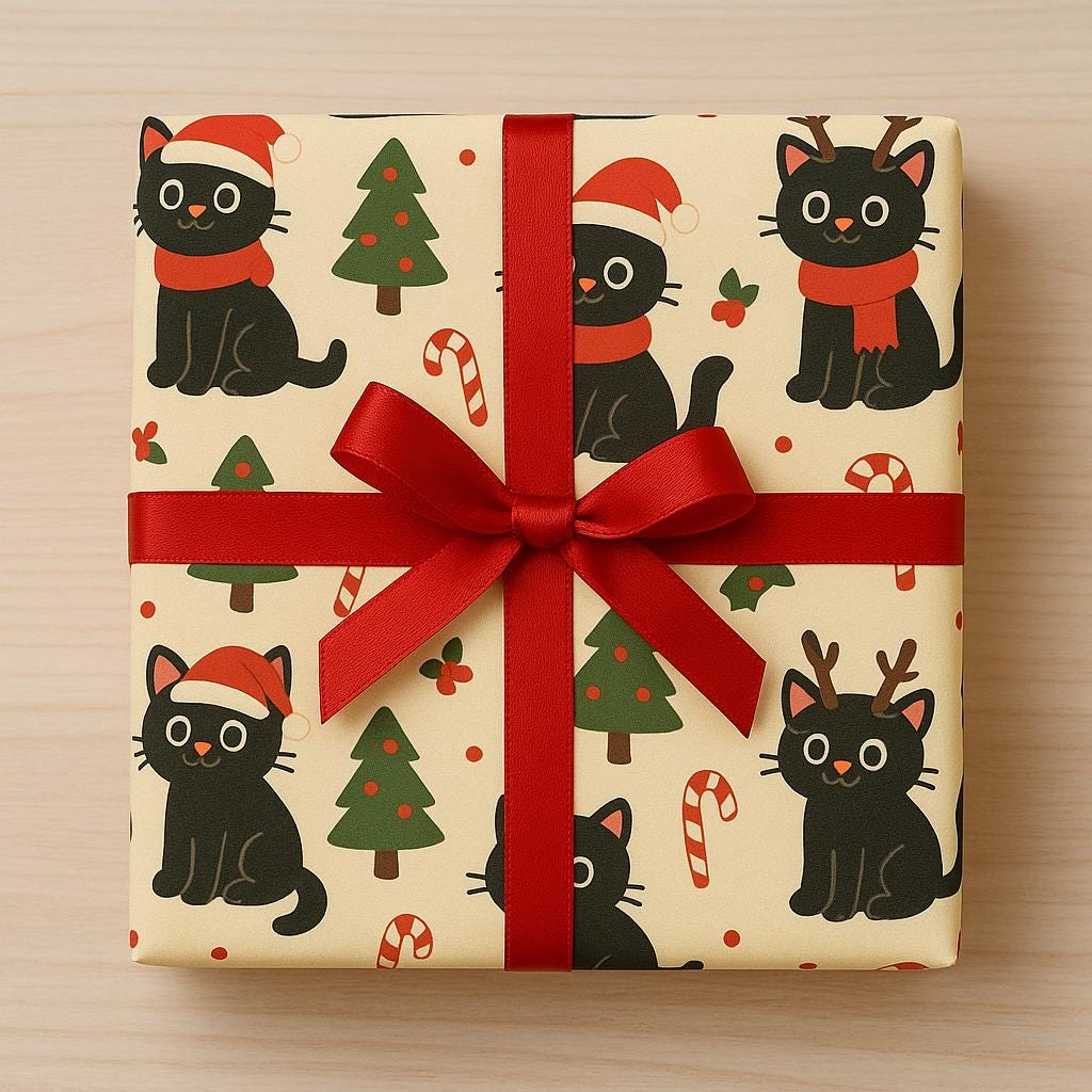 Black Cat Christmas Wrapping Paper, Cute Holiday Gift Wrap, Festive Cats & Candy Canes, Cream Background, Cartoon Xmas Paper