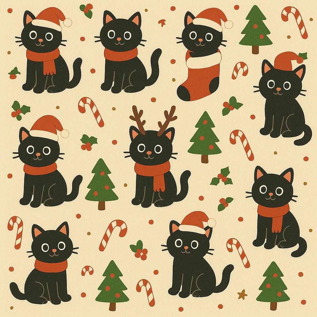 Black Cat Christmas Wrapping Paper, Cute Holiday Gift Wrap, Festive Cats & Candy Canes, Cream Background, Cartoon Xmas Paper