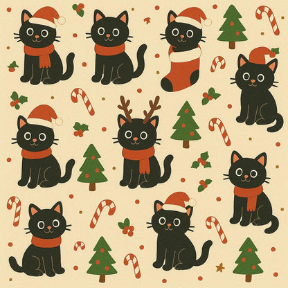 Black Cat Christmas Wrapping Paper, Cute Holiday Gift Wrap, Festive Cats & Candy Canes, Cream Background, Cartoon Xmas Paper