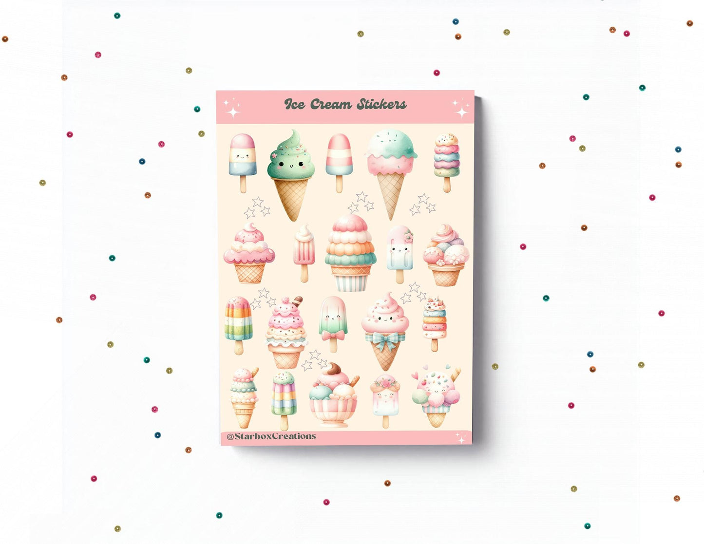 Cute Ice Cream Planner Sticker Sheet for Journaling, Scrapbooking, Bullet Journal and Stationery Lovers, gloss paper