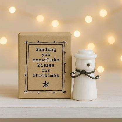 Mini Snowman Christmas Gift, Snowflake Kisses Box,  Ceramic Snowman Ornament,Holiday Shelf Decor, Winter Gift Idea