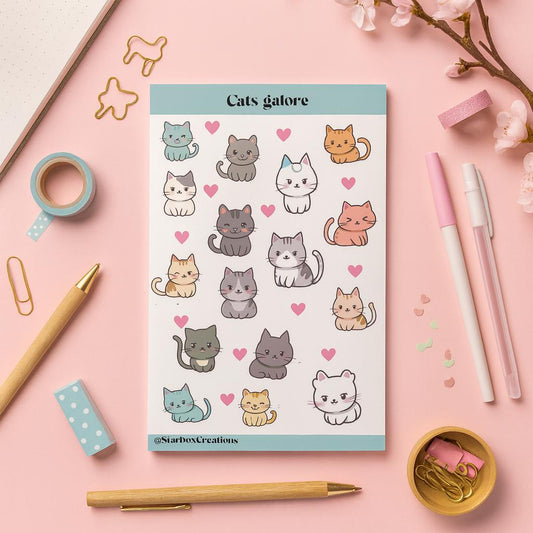 Cat Sticker Sheet,  Cute Kawaii Stickers for Journaling, Planner, Scrapbook & Gifts,  A5 size