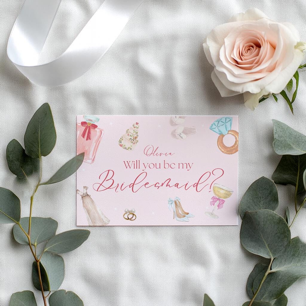 Will You Be My Bridesmaid Card , A6 Landscape, Bridesmaid Proposal Card, Pink Wedding Party Invite, Envelope included.