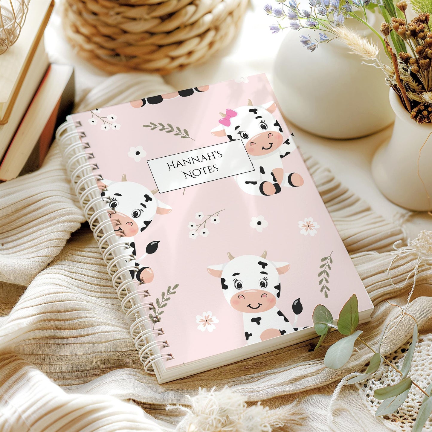 Cow Spiral Notebook A4  or A5, Kawaii Farm Animal Journal, Pastel Pink Dairy Cow Notebook, Christmas Gift,| School & Office Stationery