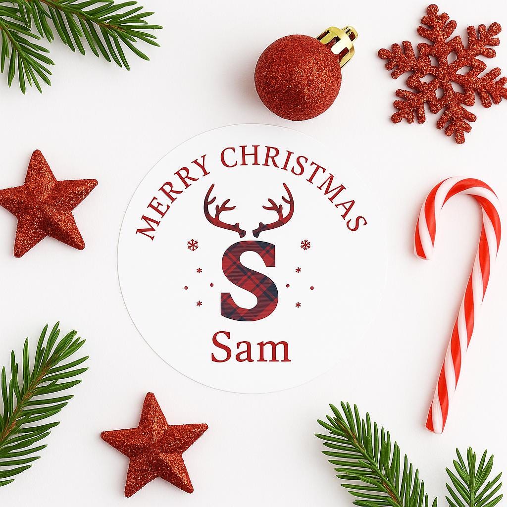 Personalized Christmas Stickers: Stag Design, Custom Name Xmas Seals