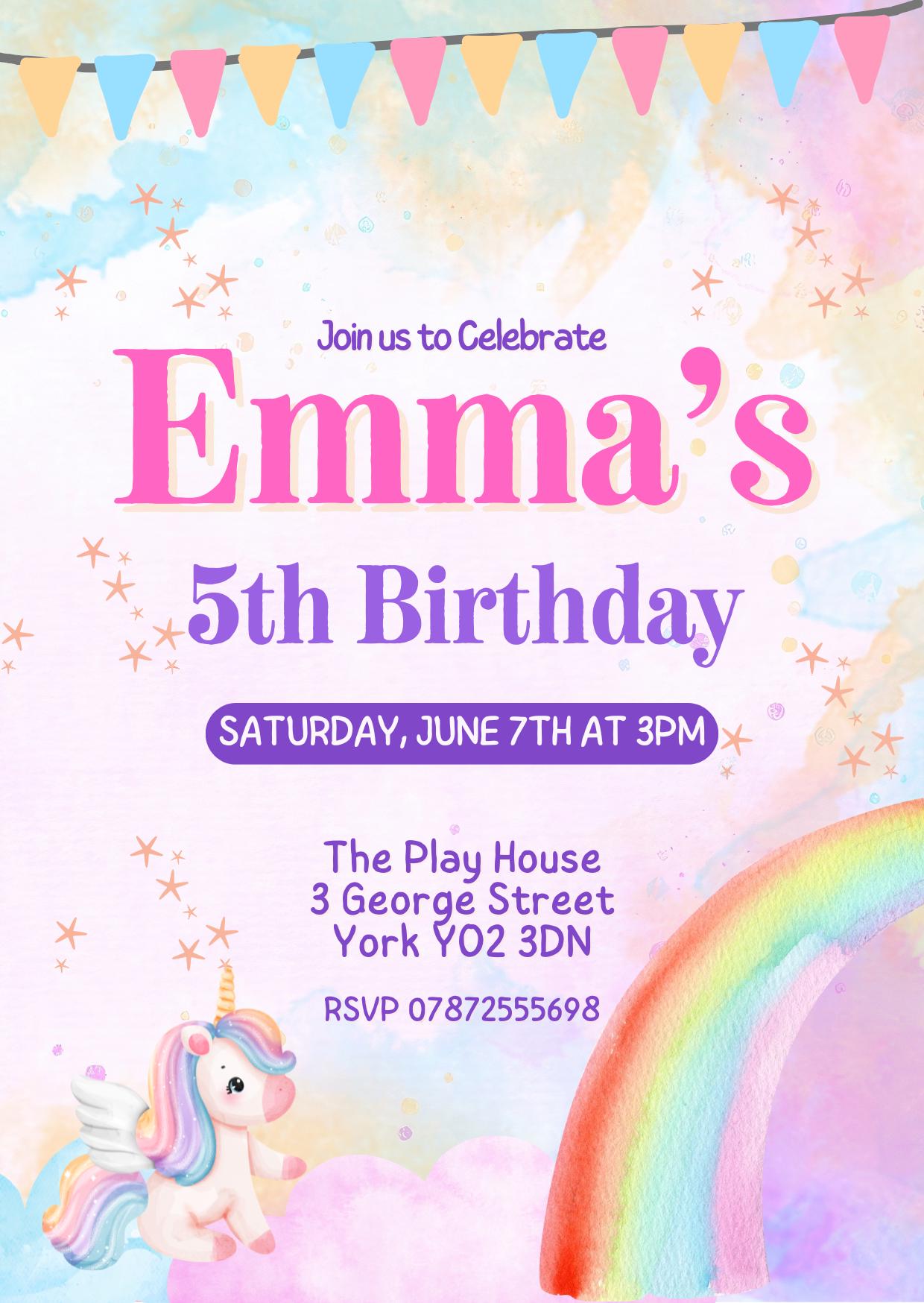 Personalised Rainbow unicorn birthday party invitations,  pastel colour  12 personalised invitations  includes envelopes