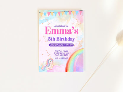 Personalised Rainbow unicorn birthday party invitations,  pastel colour  12 personalised invitations  includes envelopes