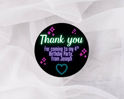 Personalised neon stickers,  party bag stickers, children’s birthday,  sweet cones thank you stickers