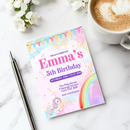 Personalised Rainbow unicorn birthday party invitations,  pastel colour  12 personalised invitations  includes envelopes