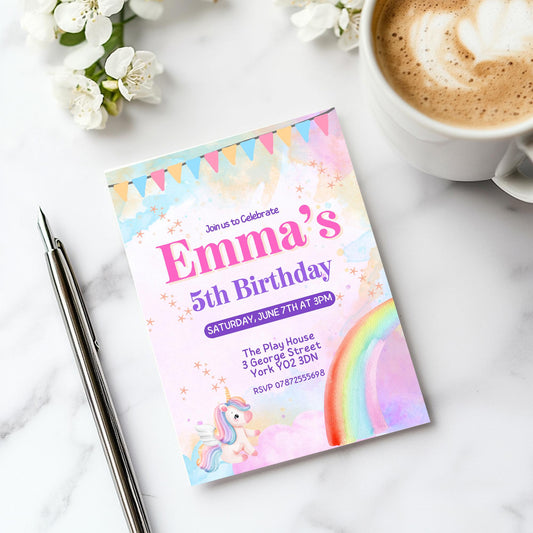 Personalised Rainbow unicorn birthday party invitations,  pastel colour  12 personalised invitations  includes envelopes