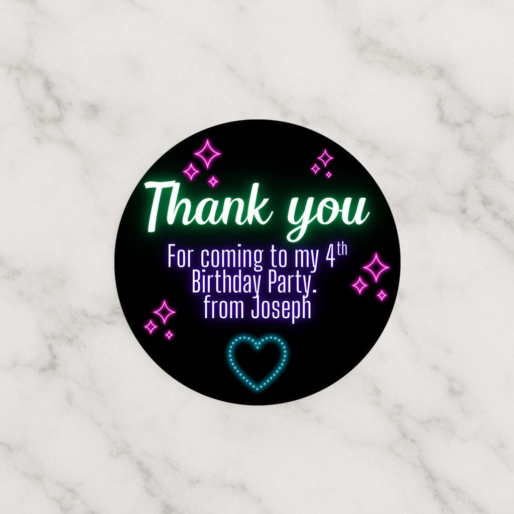 Personalised neon stickers,  party bag stickers, children’s birthday,  sweet cones thank you stickers