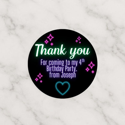 Personalised neon stickers,  party bag stickers, children’s birthday,  sweet cones thank you stickers