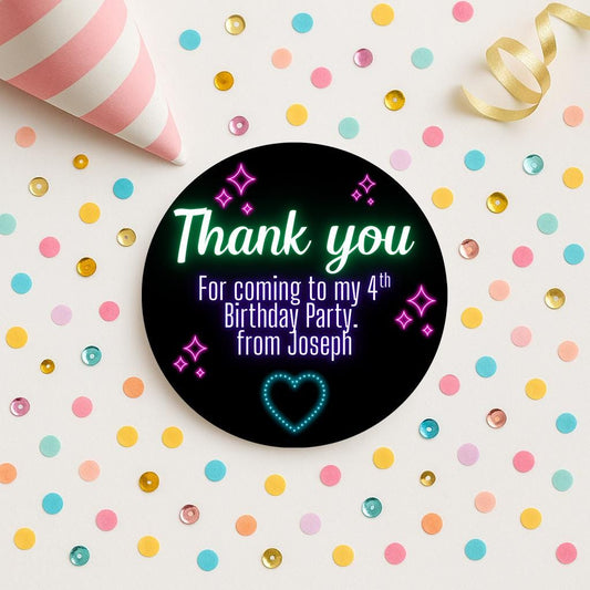 Personalised neon stickers,  party bag stickers, children’s birthday,  sweet cones thank you stickers