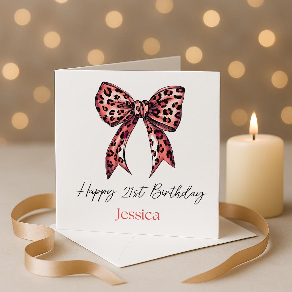 Personalised leopard Skin Bow Birthday Card