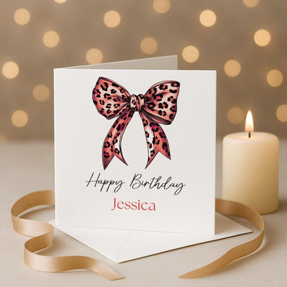 Personalised leopard Skin Bow Birthday Card