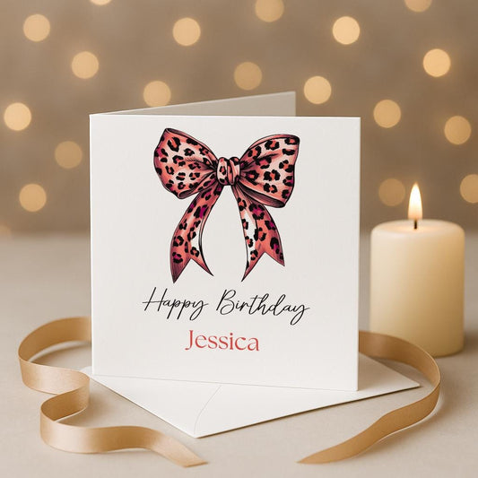 Personalised leopard Skin Bow Birthday Card
