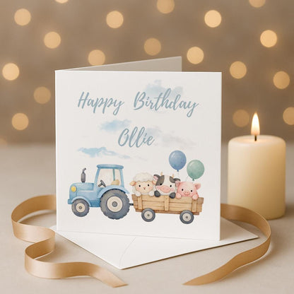 Personalised Children's Birthday Card, farm animal and Tractor Theme - Family Birthday - First Birthday Gift - 2nd Birthday Card - For Child