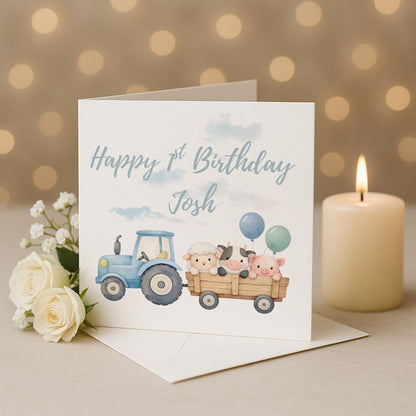 Personalised Children's Birthday Card, farm animal and Tractor Theme - Family Birthday - First Birthday Gift - 2nd Birthday Card - For Child