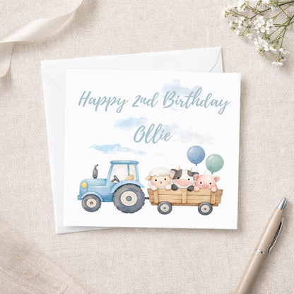 Personalised Children's Birthday Card, farm animal and Tractor Theme - Family Birthday - First Birthday Gift - 2nd Birthday Card - For Child