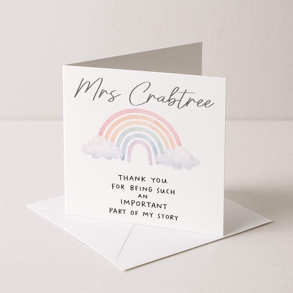Personalised Teacher Thank You Card, Rainbow Design, Square Greeting Card