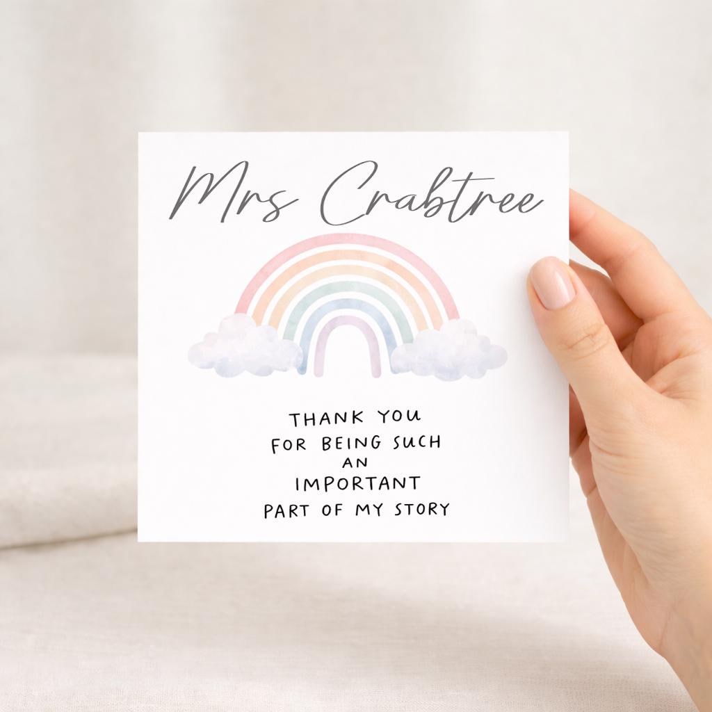 Personalised Teacher Thank You Card, Rainbow Design, Square Greeting Card