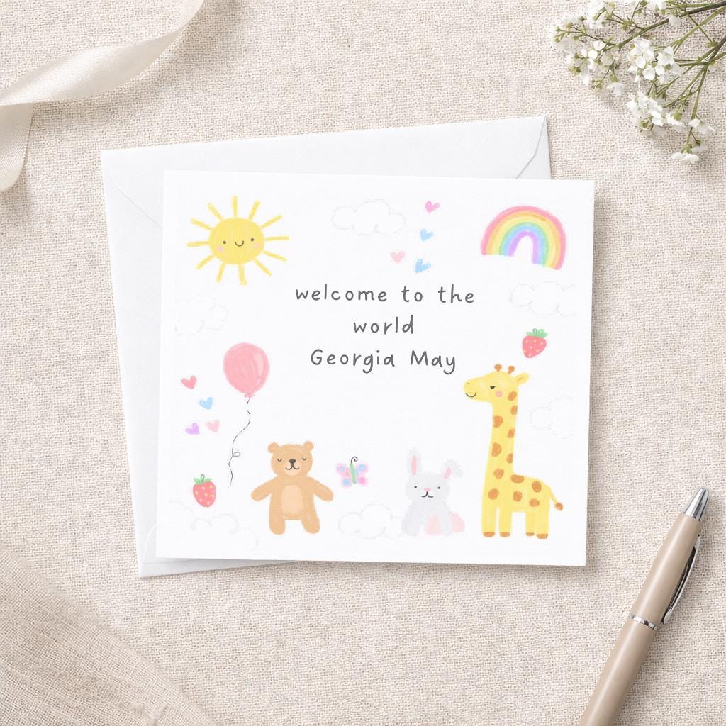 Personalised New Baby Card, Animal Design Welcome To The World Congratulations