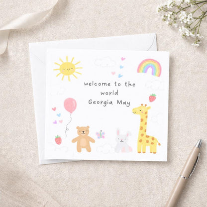 Personalised New Baby Card, Animal Design Welcome To The World Congratulations