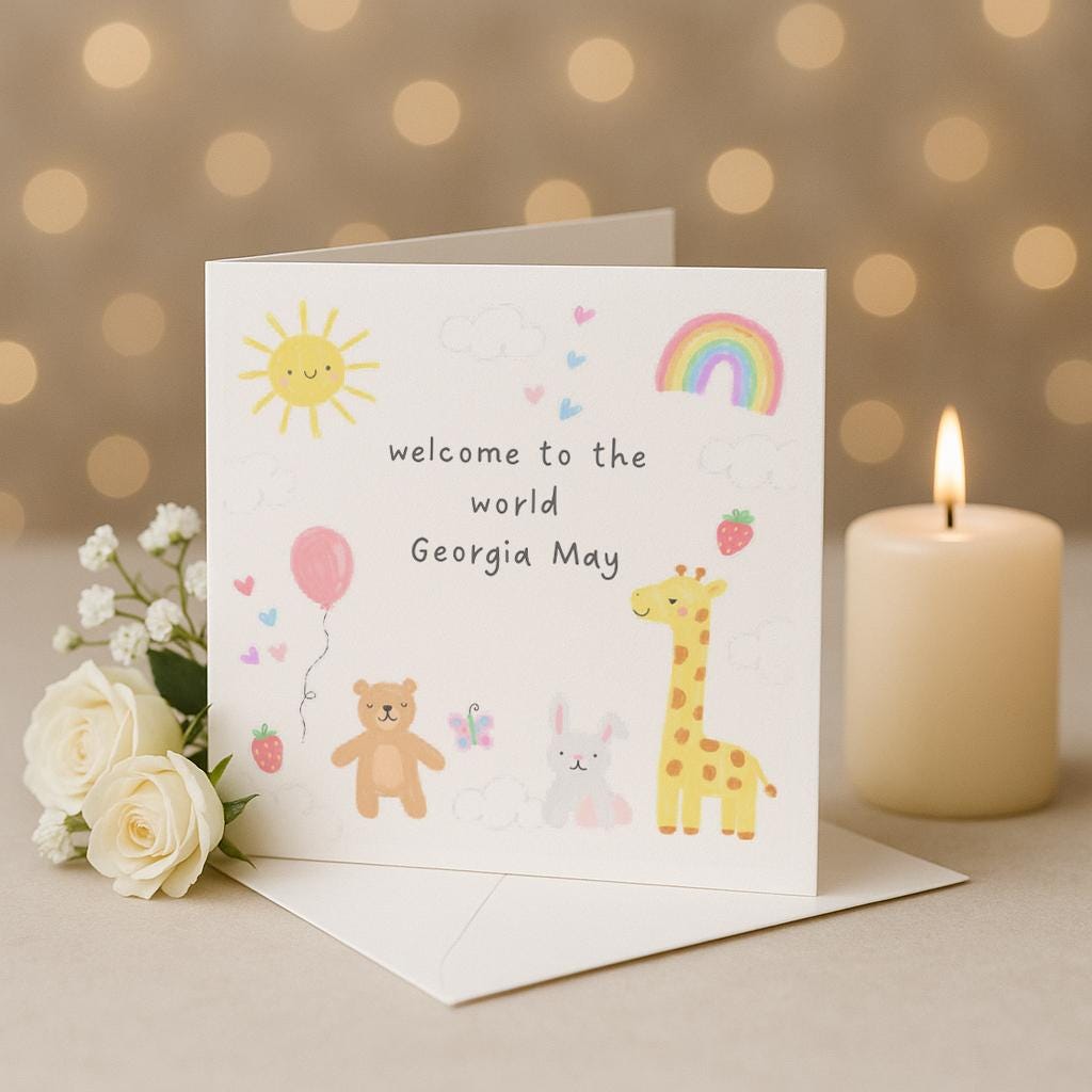 Personalised New Baby Card, Animal Design Welcome To The World Congratulations