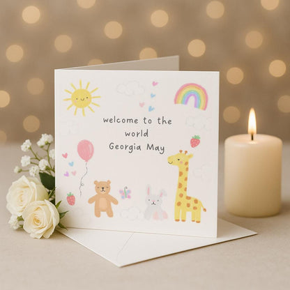 Personalised New Baby Card, Animal Design Welcome To The World Congratulations