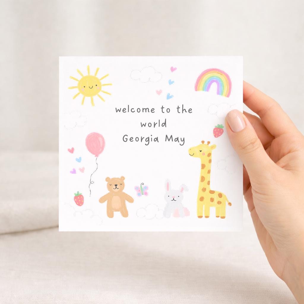 Personalised New Baby Card, Animal Design Welcome To The World Congratulations