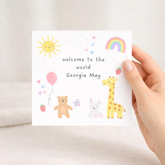 Personalised New Baby Card, Animal Design Welcome To The World Congratulations