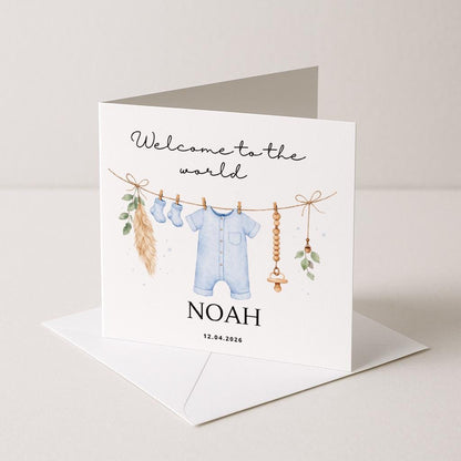 Welcome to the world baby card, blue, personalised