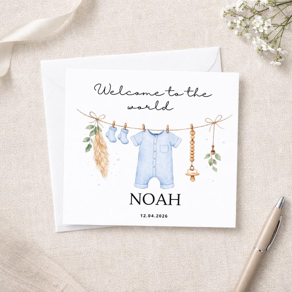 Welcome to the world baby card, blue, personalised
