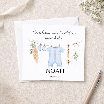 Welcome to the world baby card, blue, personalised