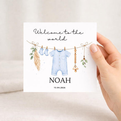Welcome to the world baby card, blue, personalised