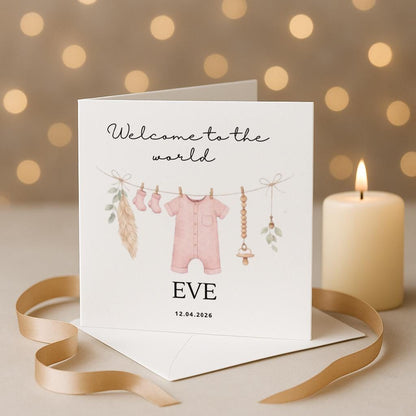 Welcome to the world baby card, pink, personalised