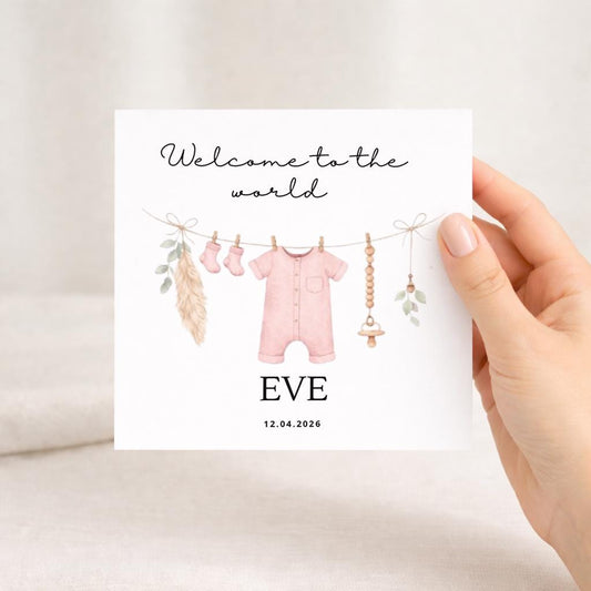 Welcome to the world baby card, pink, personalised
